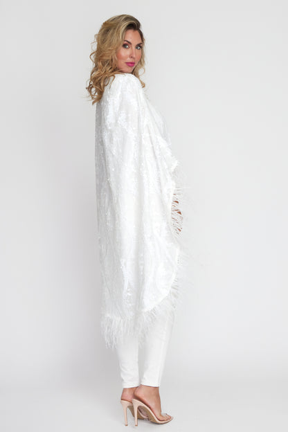 White Sequin/Feather Cape (Long)