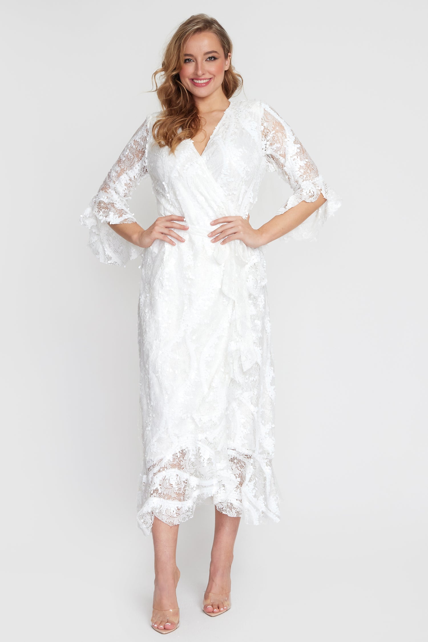 White Lace/Sequin Wrap Dress