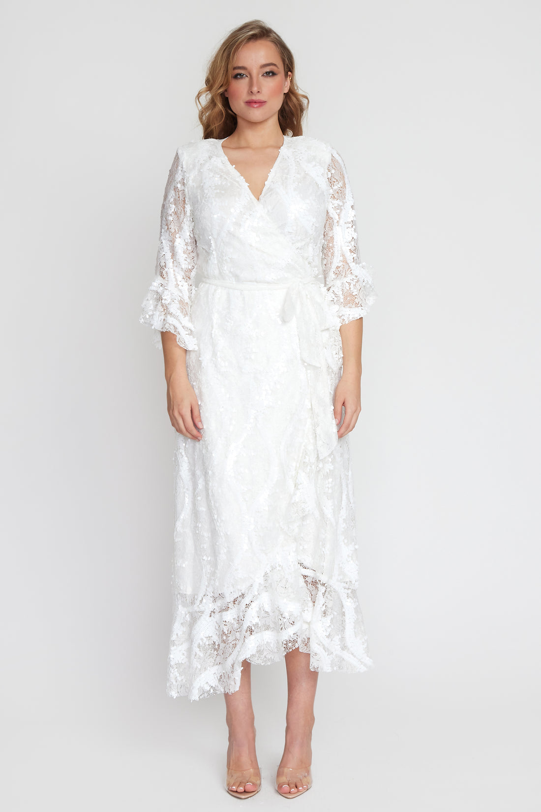 White Lace/Sequin Wrap Dress