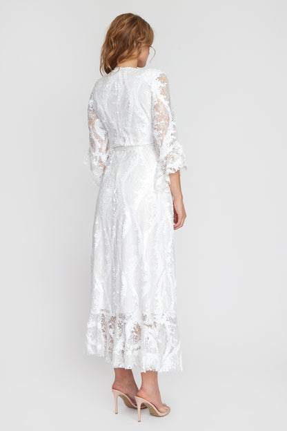 White Lace/Sequin Wrap Dress