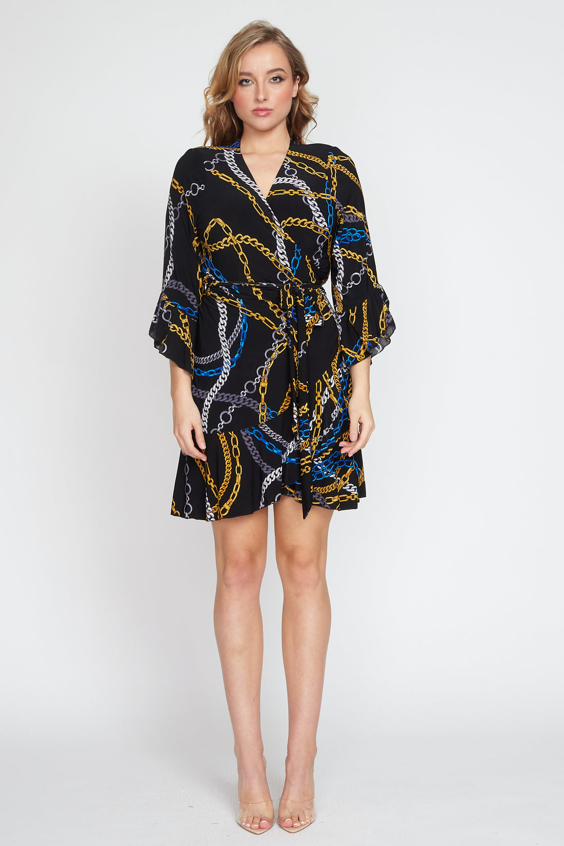 Black Jersey Chain Print Wrap Dress (Short)