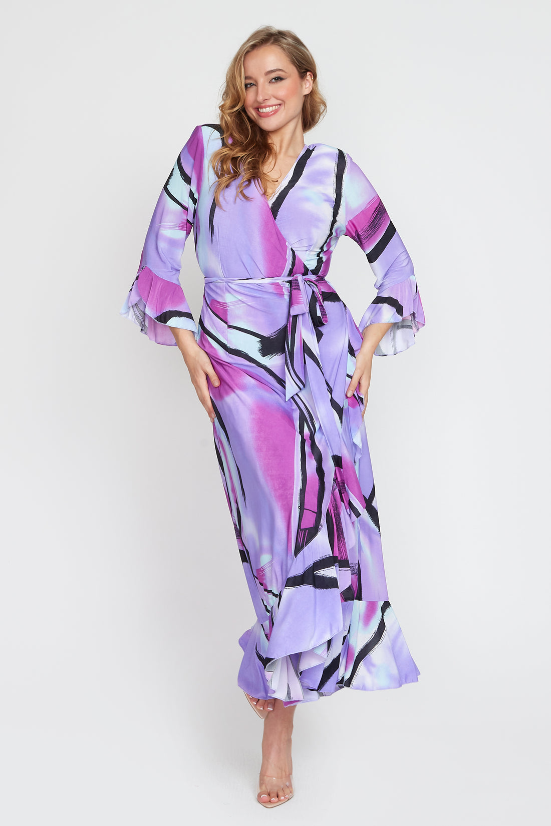 Purple Jersey Multi Print Wrap Dress
