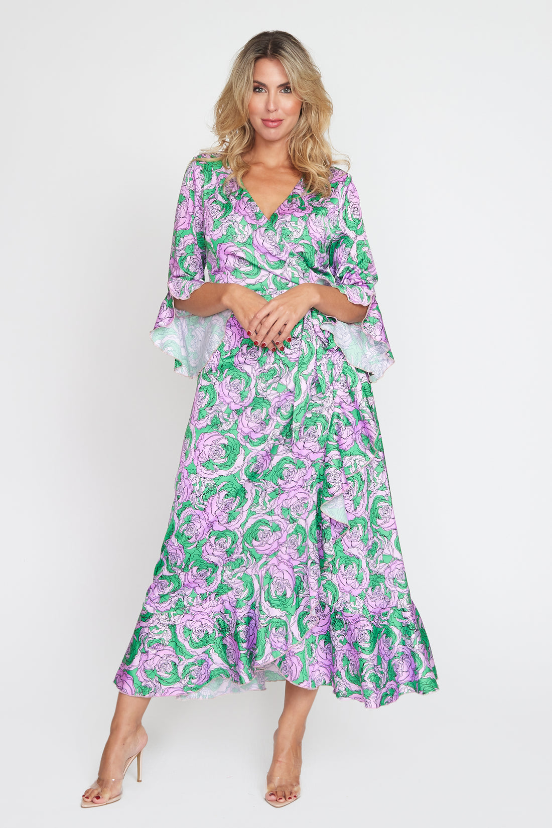 Purple/Green Jersey Print Wrap Dress