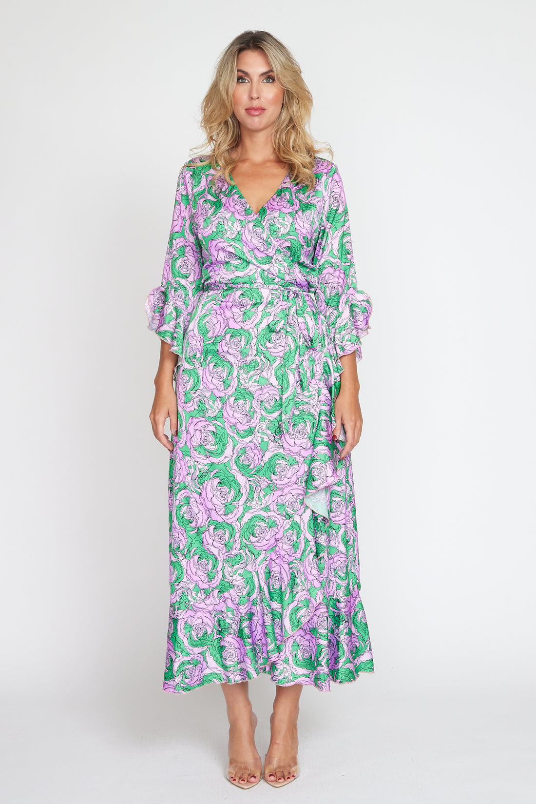 Purple/Green Jersey Print Wrap Dress