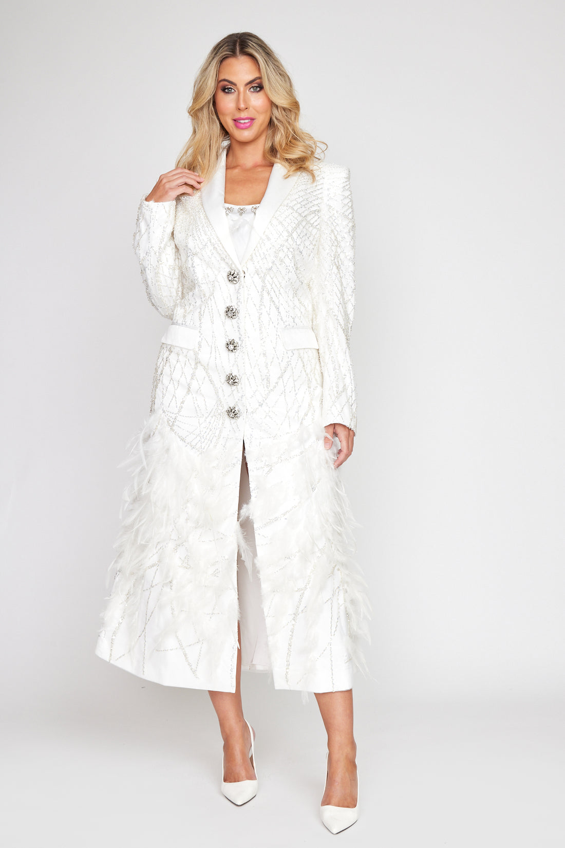 White Beaded Crystal Feather Gala Coat Dress