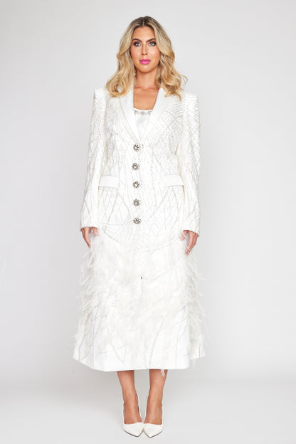 White Beaded Crystal Feather Gala Coat Dress