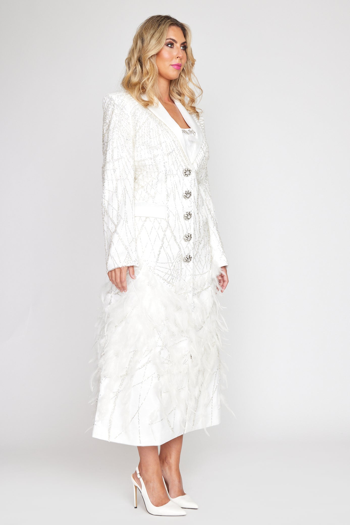 White Beaded Crystal Feather Gala Coat Dress