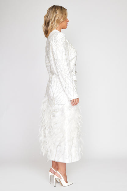 White Beaded Crystal Feather Gala Coat Dress