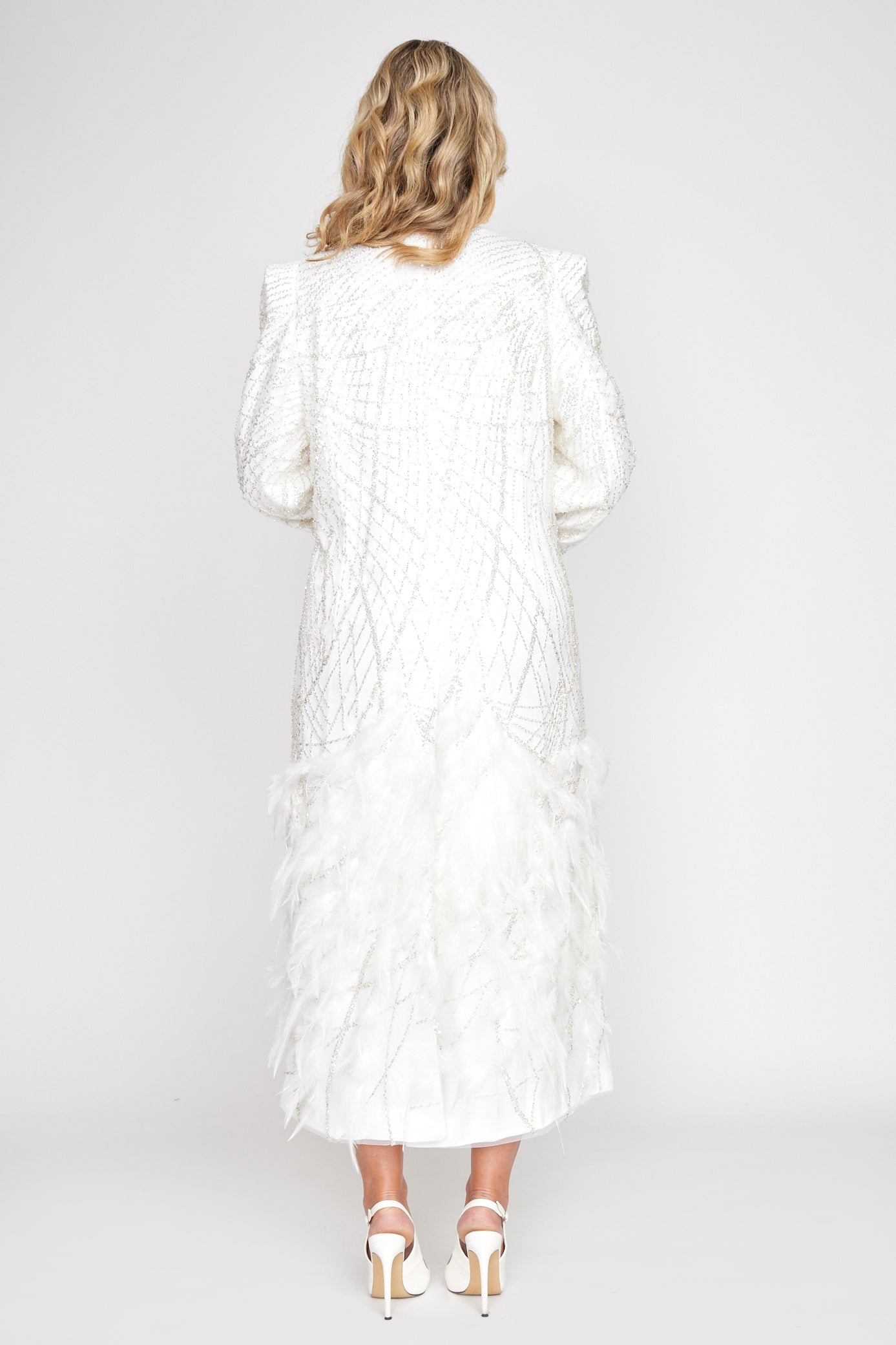 White Beaded Crystal Feather Gala Coat Dress