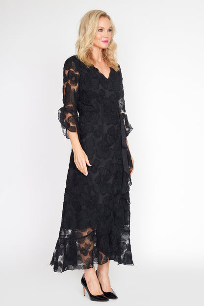 Black Beaded Flower Wrap Dress