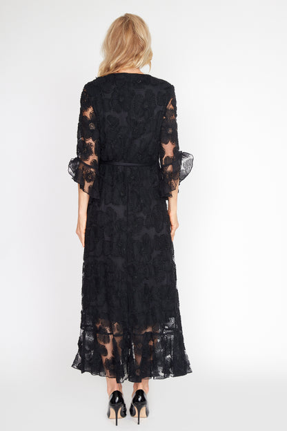 Black Beaded Flower Wrap Dress