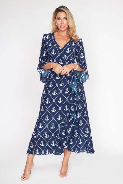 Nautical Anchor Wrap Dress Long