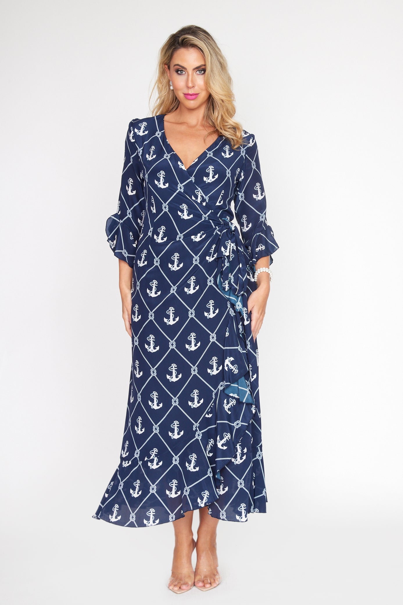 Nautical Anchor Wrap Dress Long