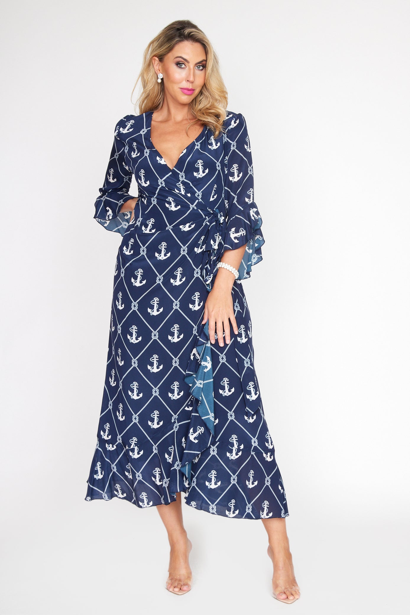 Nautical Anchor Wrap Dress Long