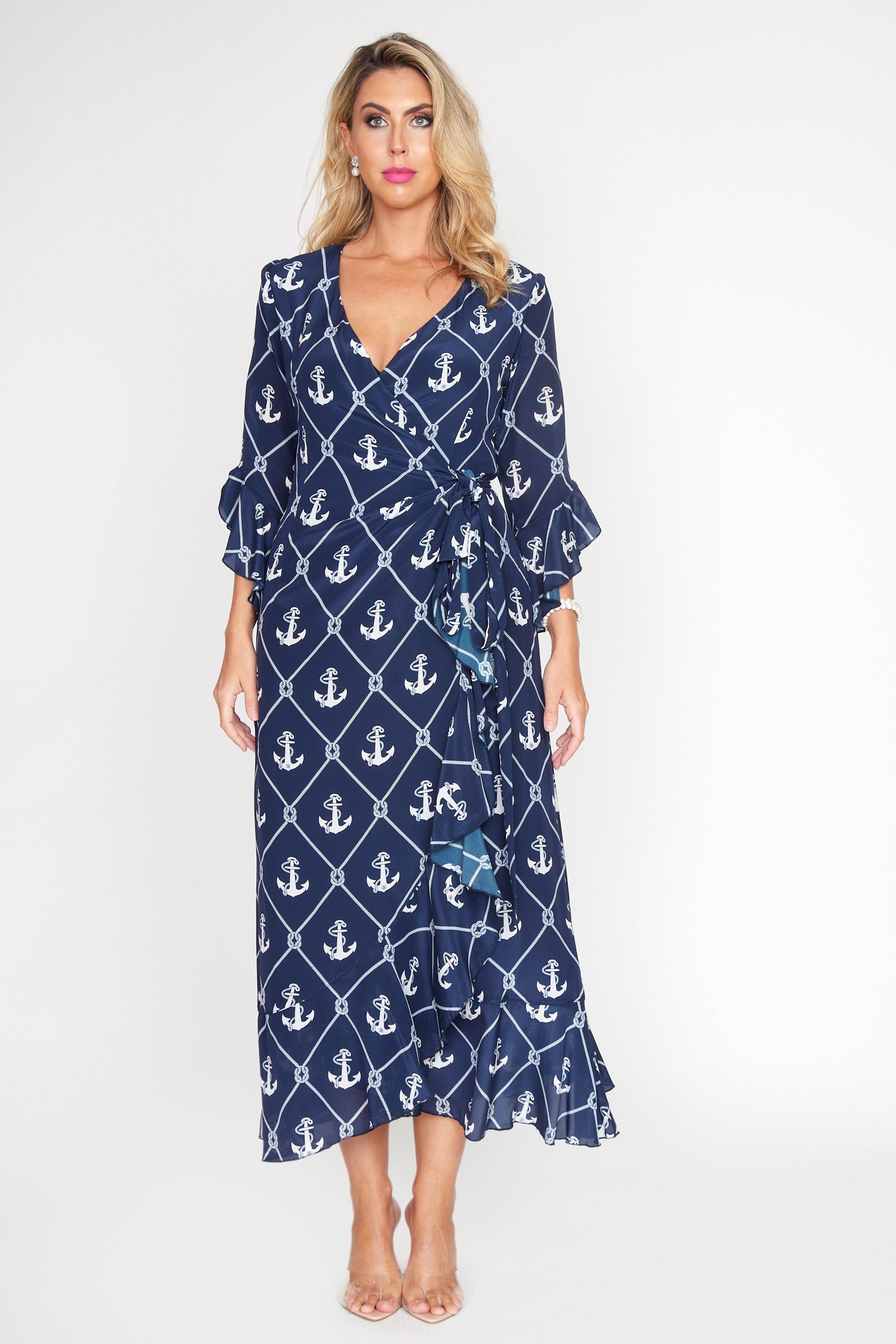 Nautical Anchor Wrap Dress Long