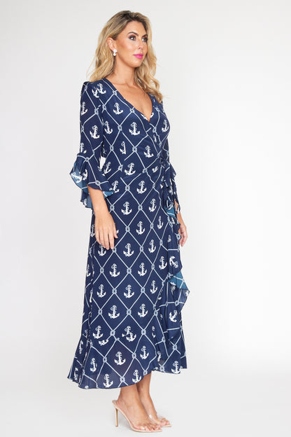 Nautical Anchor Wrap Dress Long