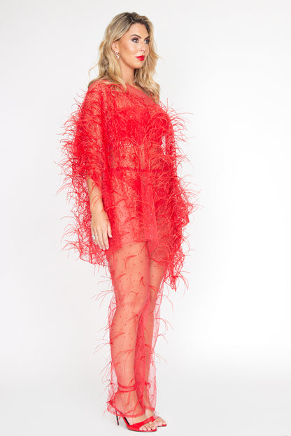 Red Crystal Feather Pant