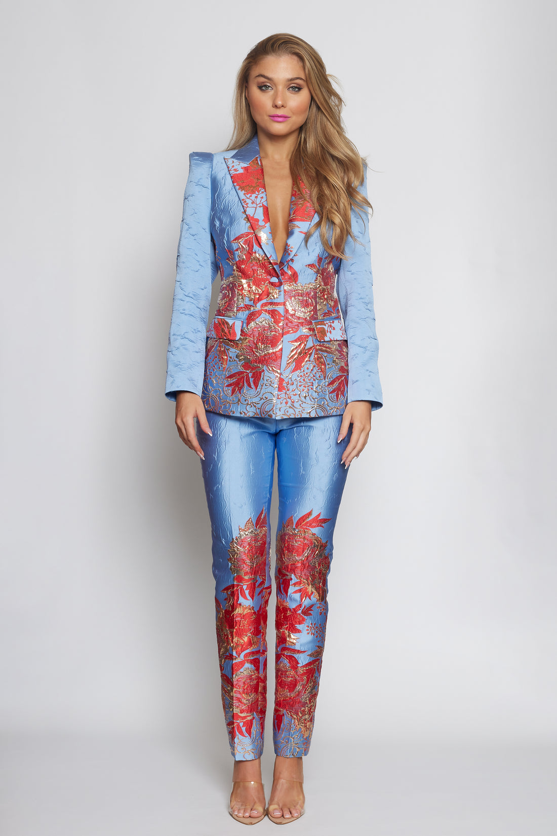 Sky Blue, Red and Gold Brocade Suit