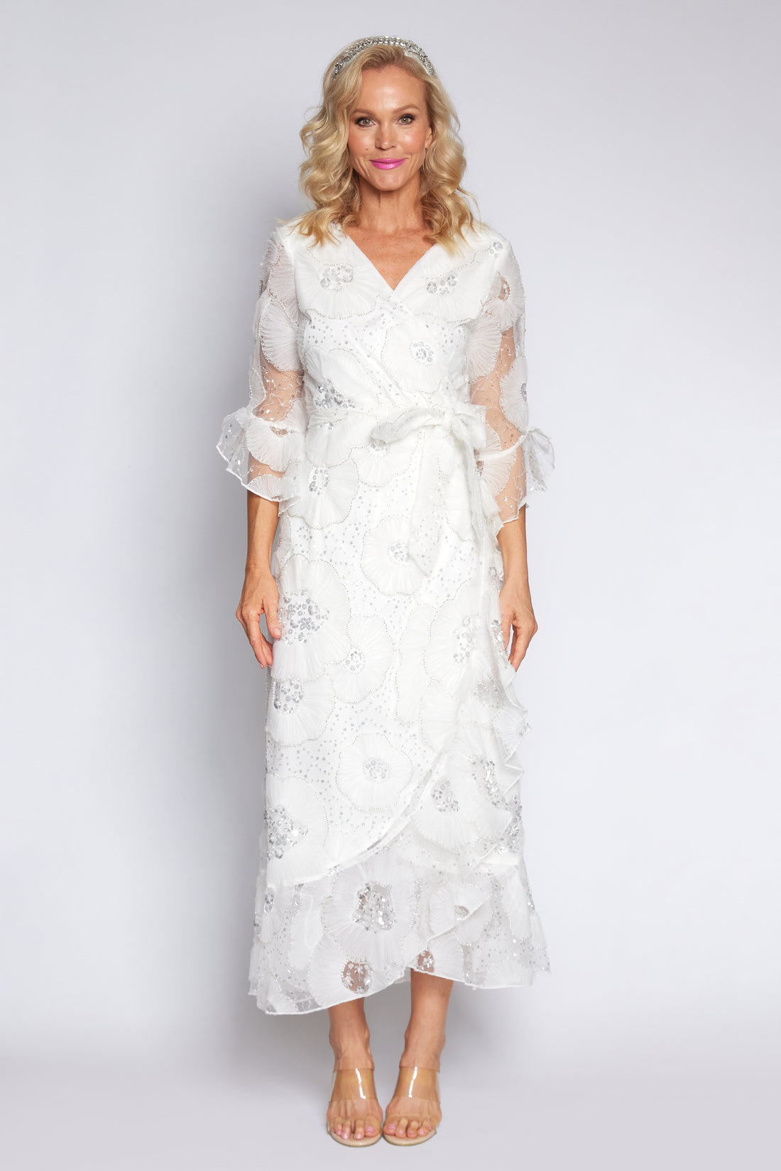 White Beaded Flower Wrap Dress