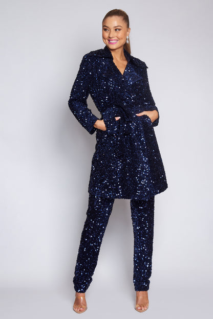 Navy Velvet Sequin Trench Coat