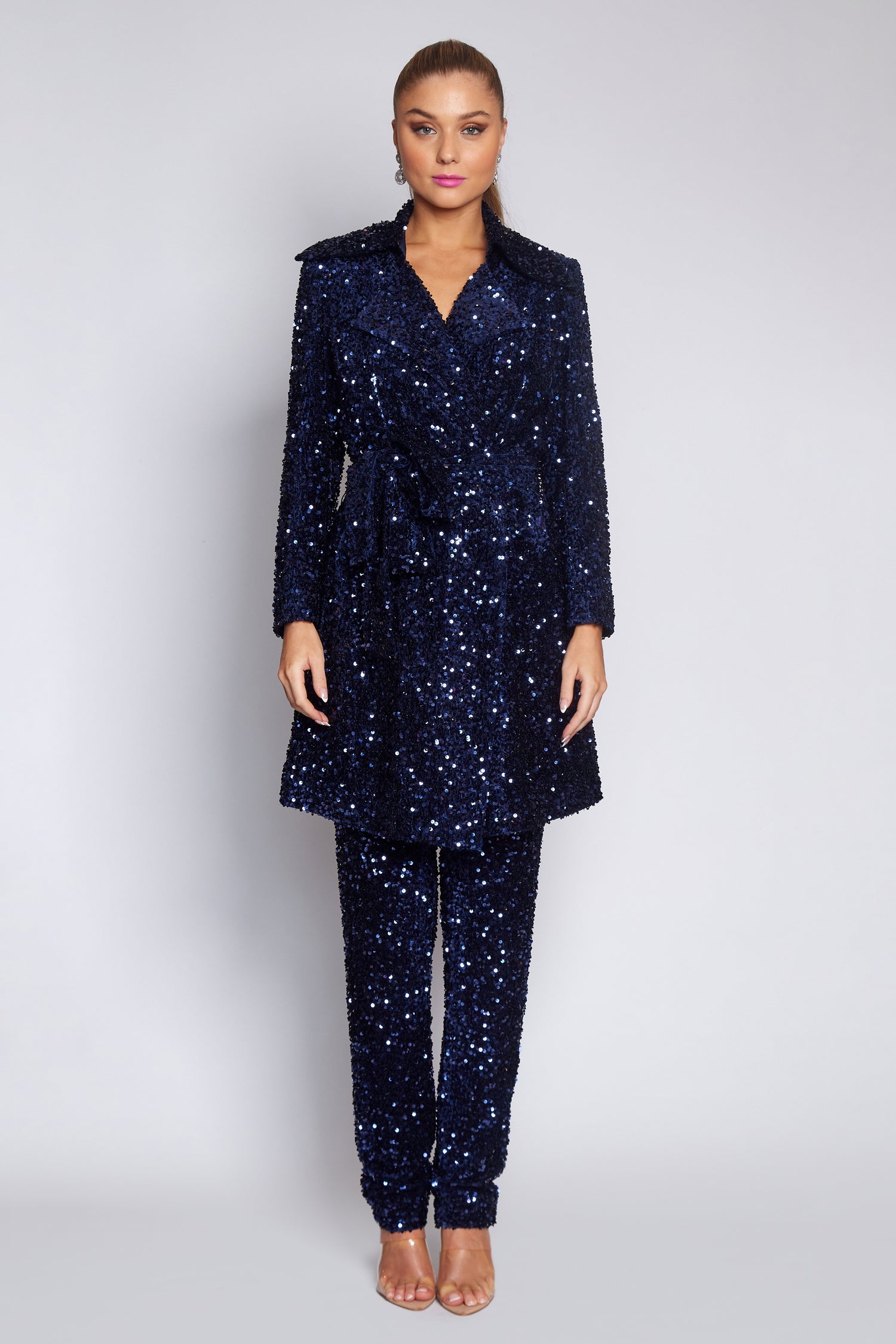 Navy Velvet Sequin Trench Coat