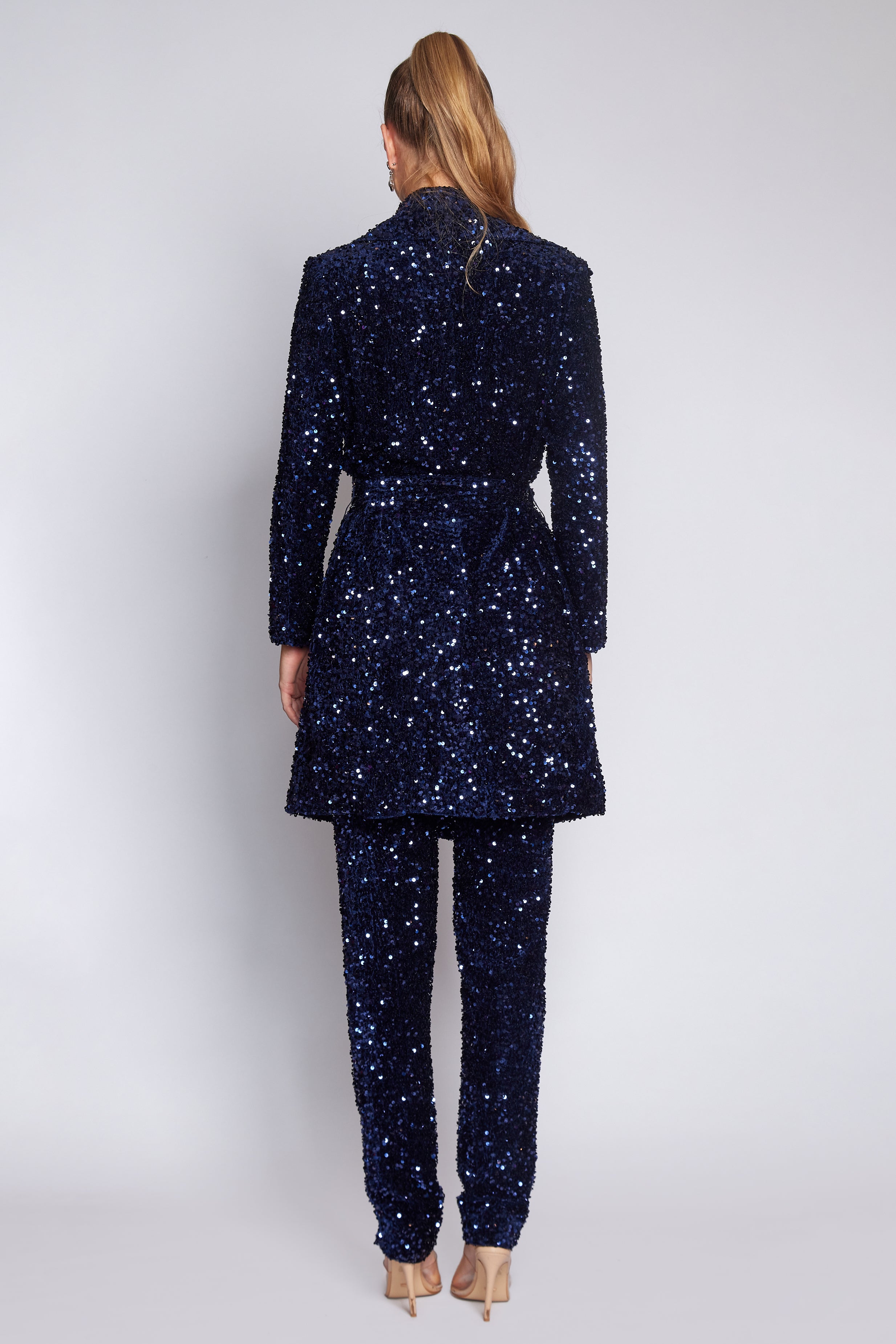 Navy Velvet Sequin Trench Coat