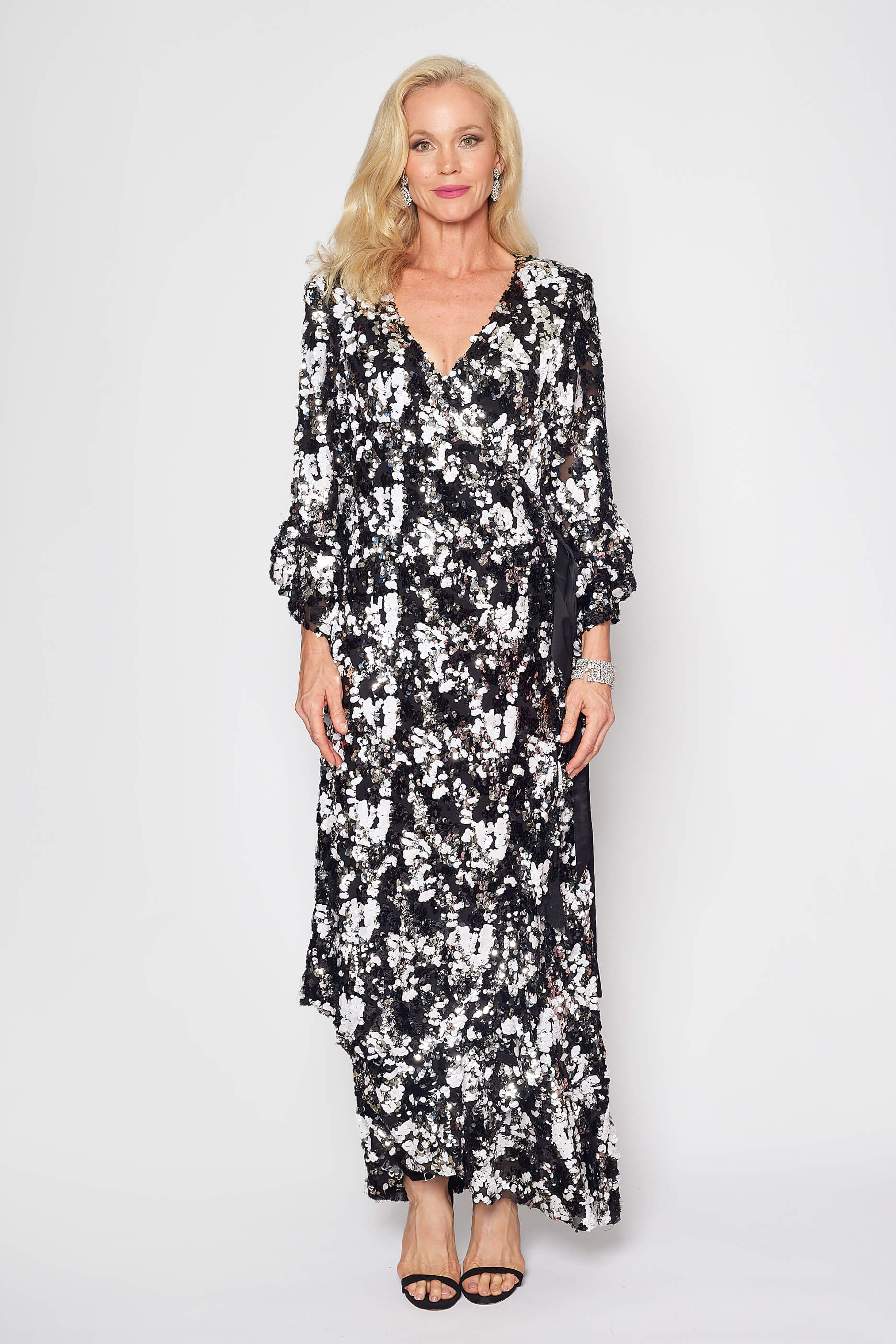 Black, White and Silver Sequin Gala Wrap Dress