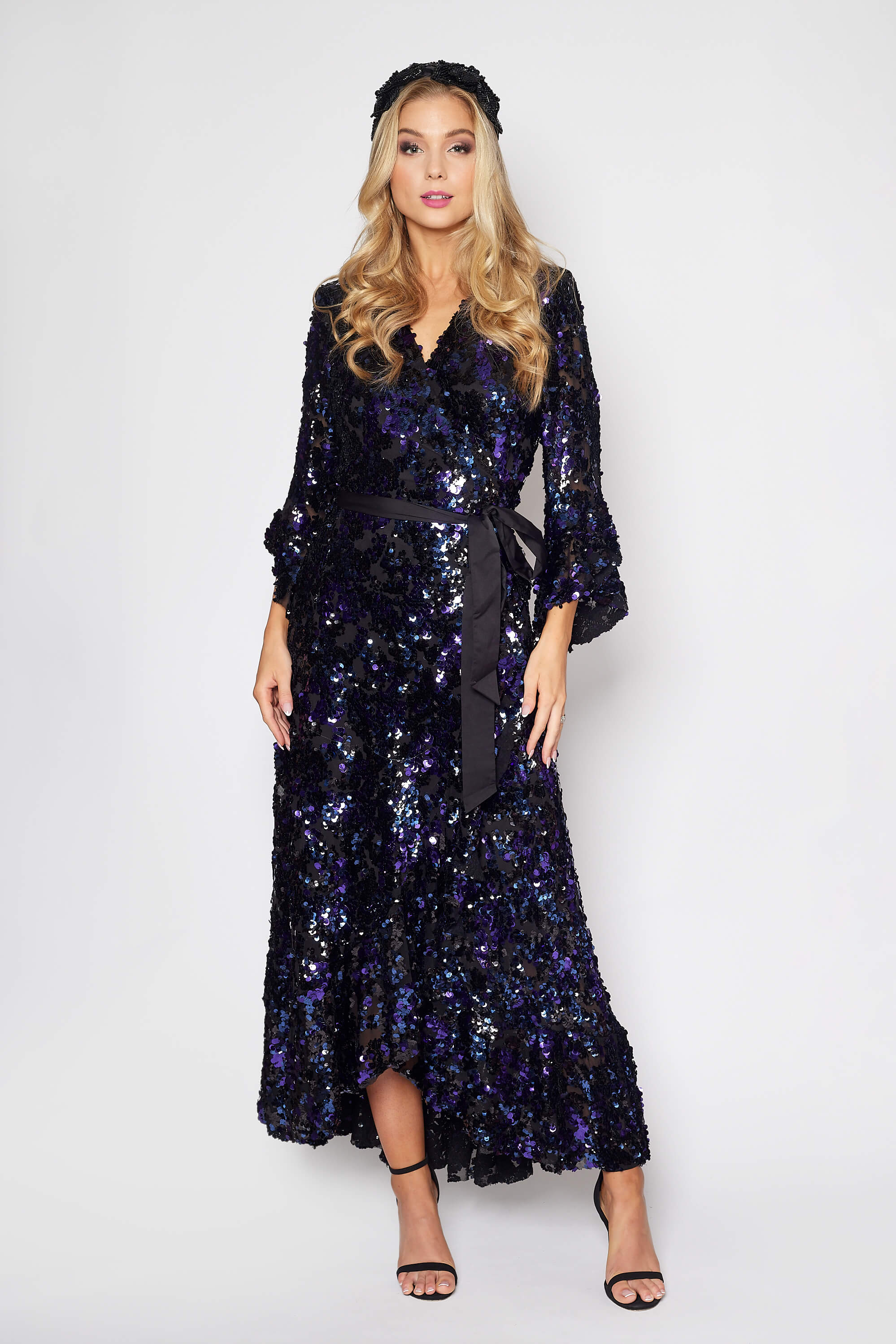Black and Purple Sequin Gala Wrap Ddress