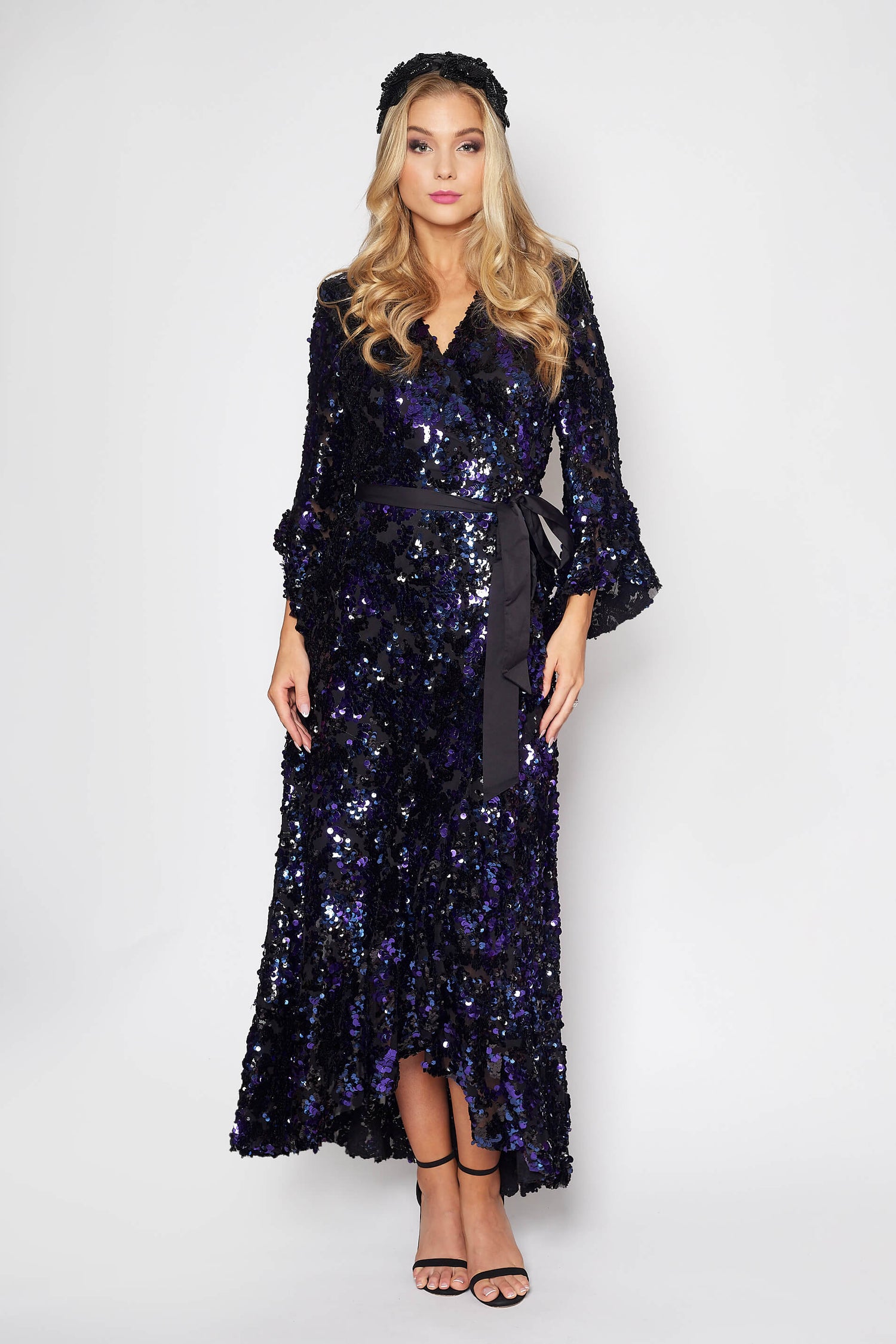 Black and Purple Sequin Gala Wrap Ddress