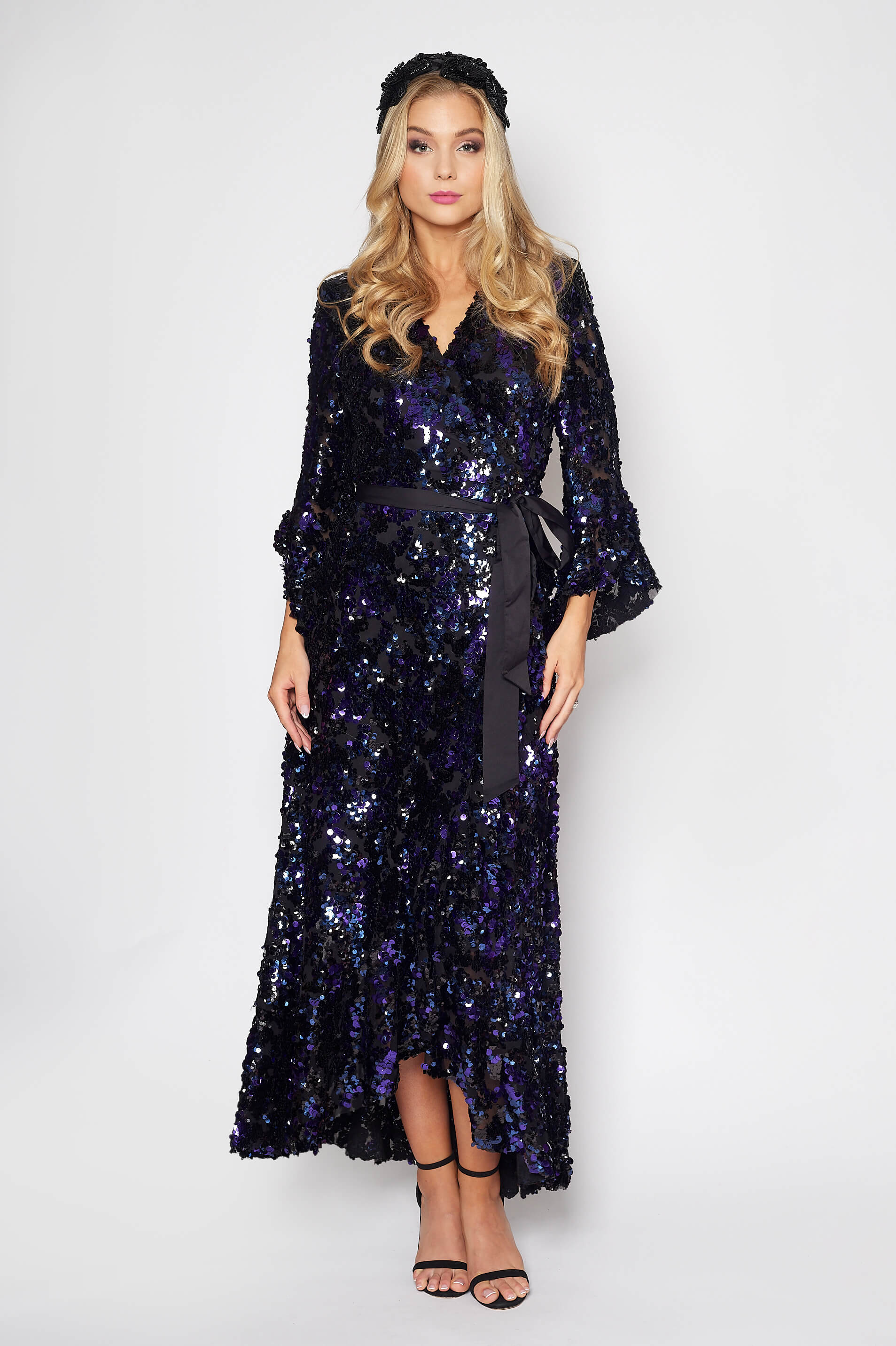 Black and Purple Sequin Gala Wrap Ddress
