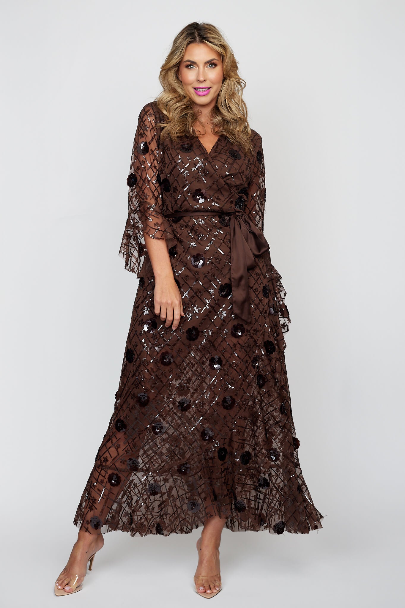 Chocolate Sequin Tulle Wrap Dress