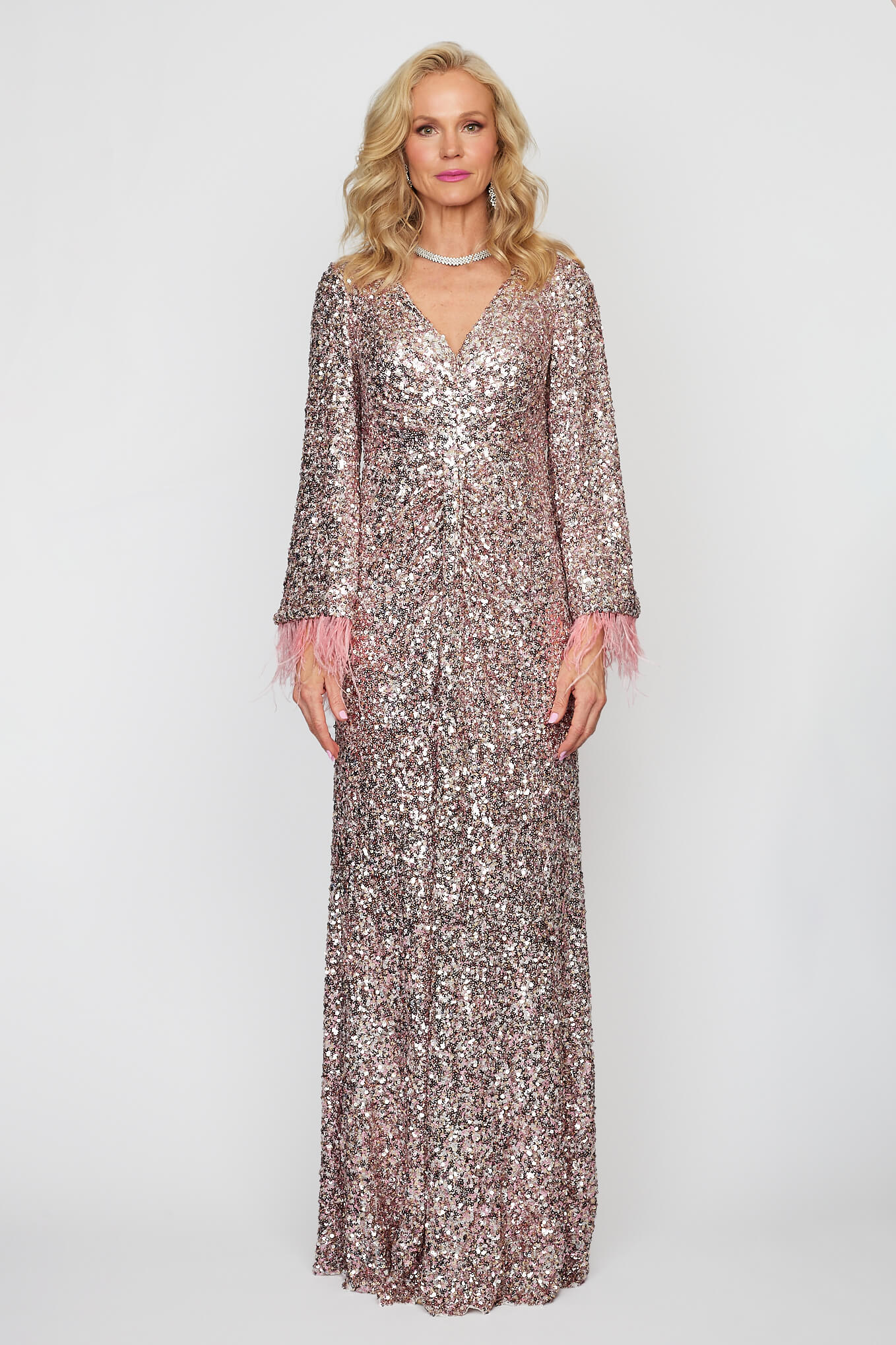 Pink and Silver Feather Sleeve Cocktail Dress