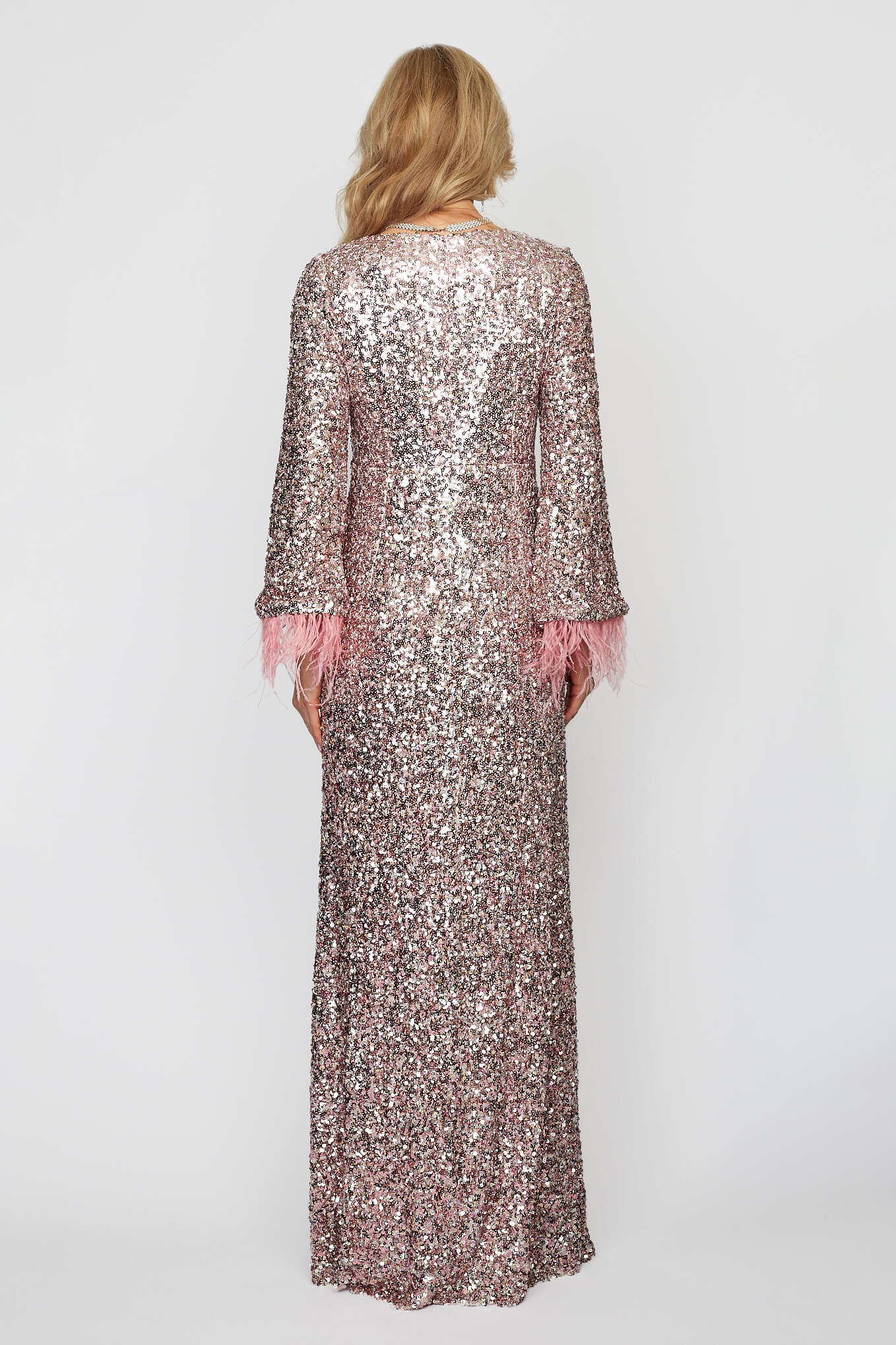 Pink and Silver Feather Sleeve Cocktail Dress