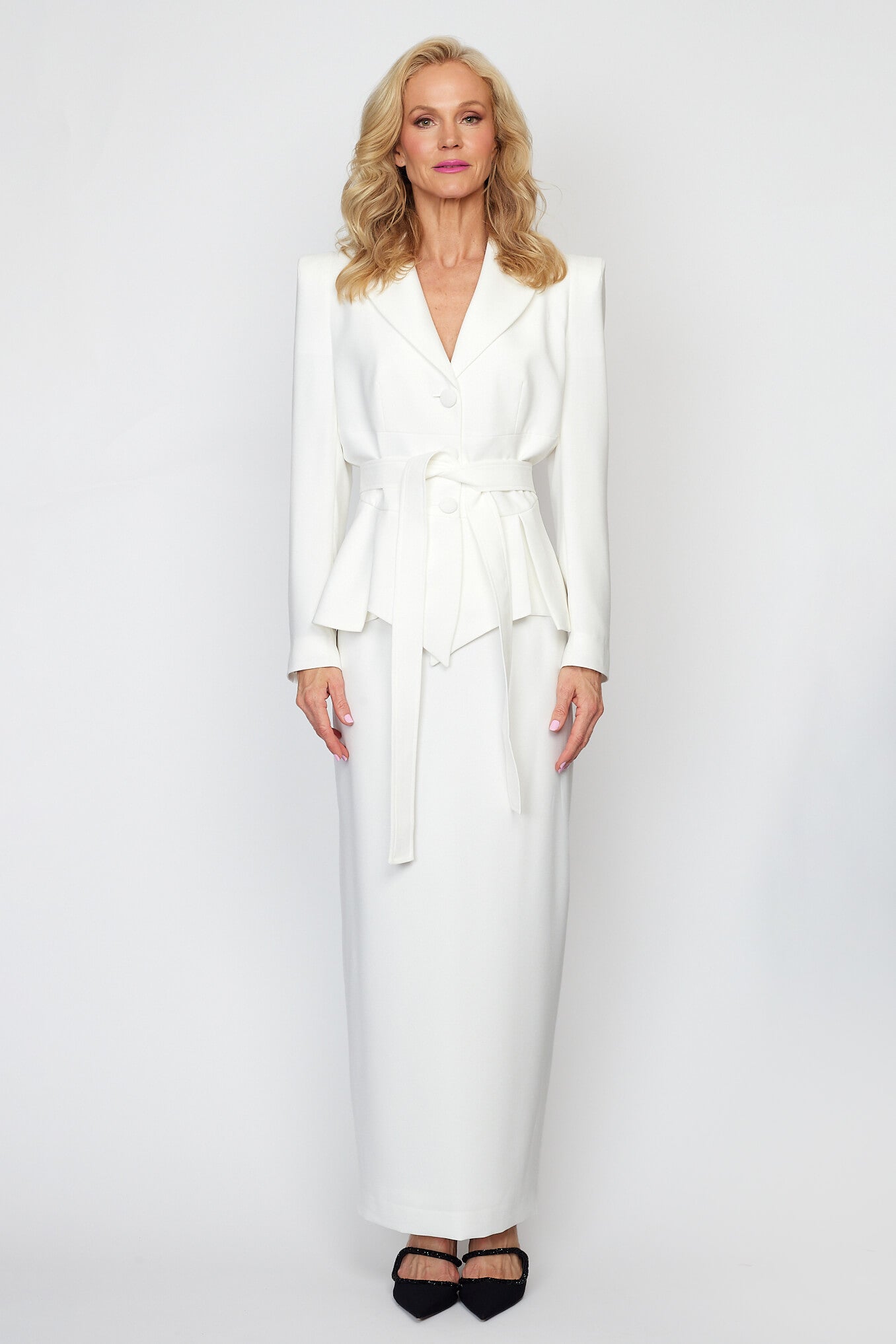 White Peplum Jacket with Tie Belt with Circa 80&