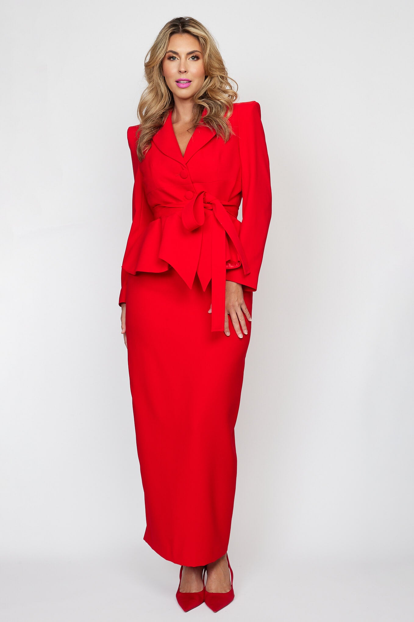 Red Peplum Jacket with Tie Belt with Circa 80&