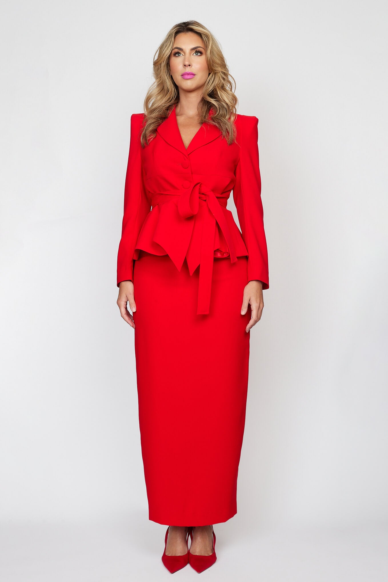 Red Peplum Jacket with Tie Belt with Circa 80&