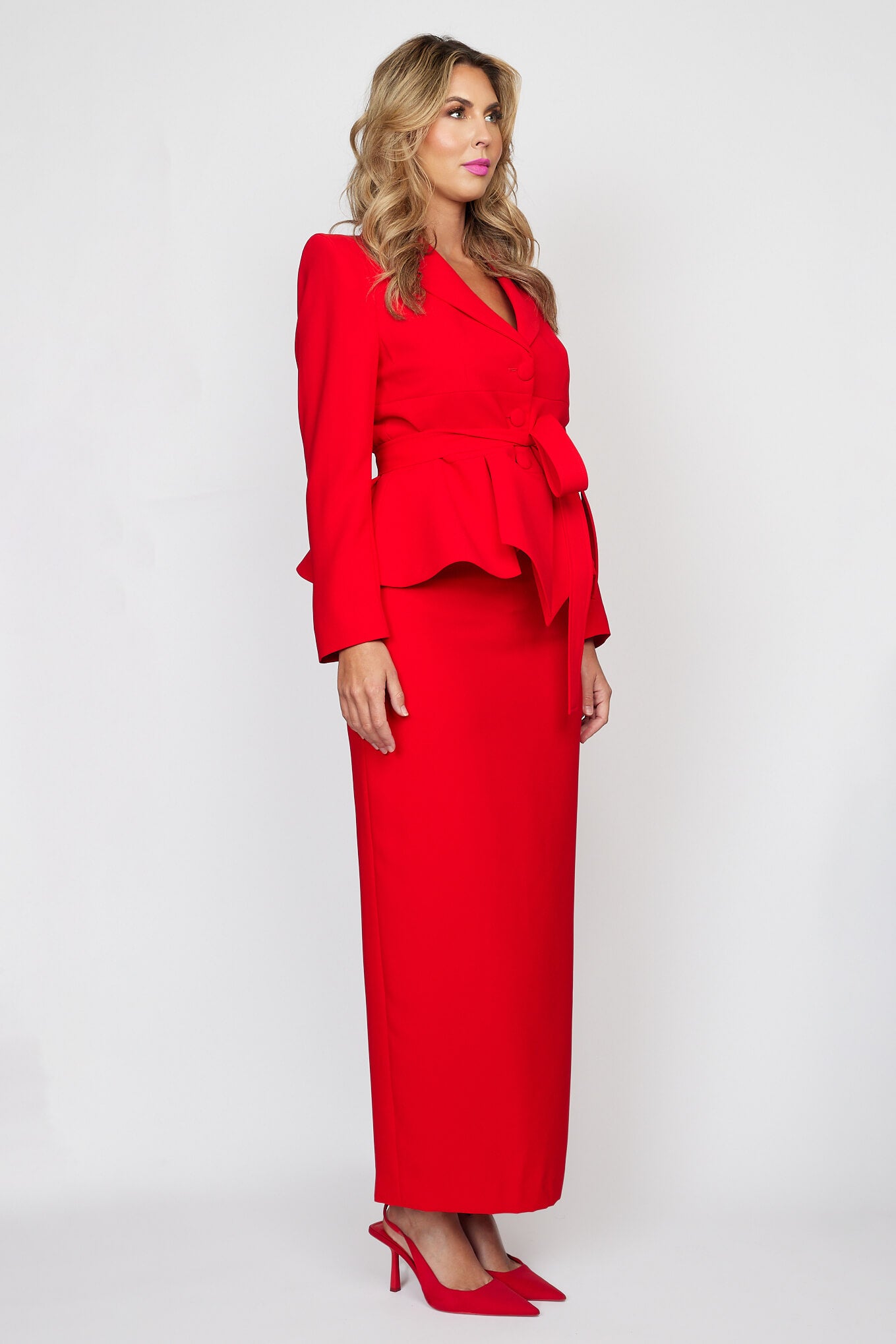 Red Peplum Jacket with Tie Belt with Circa 80&