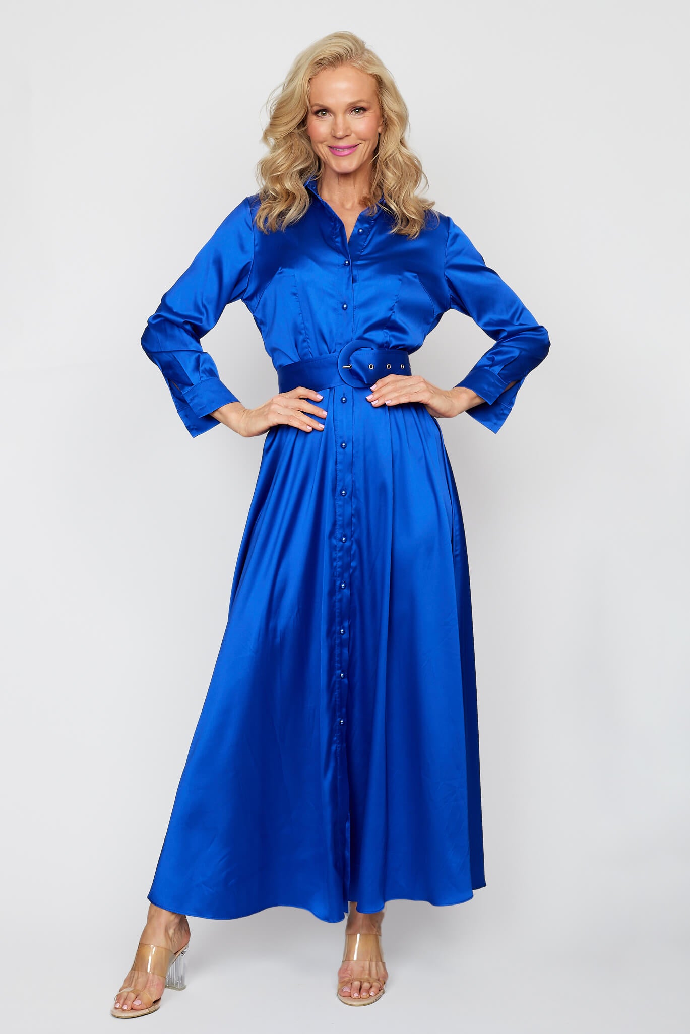 Royale Satin Button-Thru Belted Dress