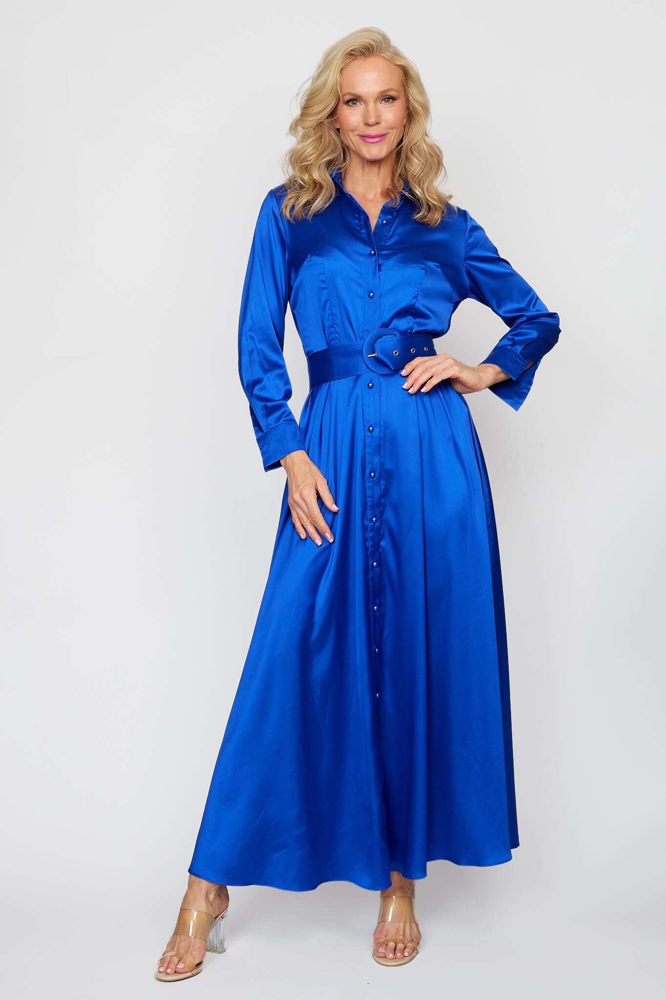 Lipstick Pink Satin Button-Thru Belted Dress