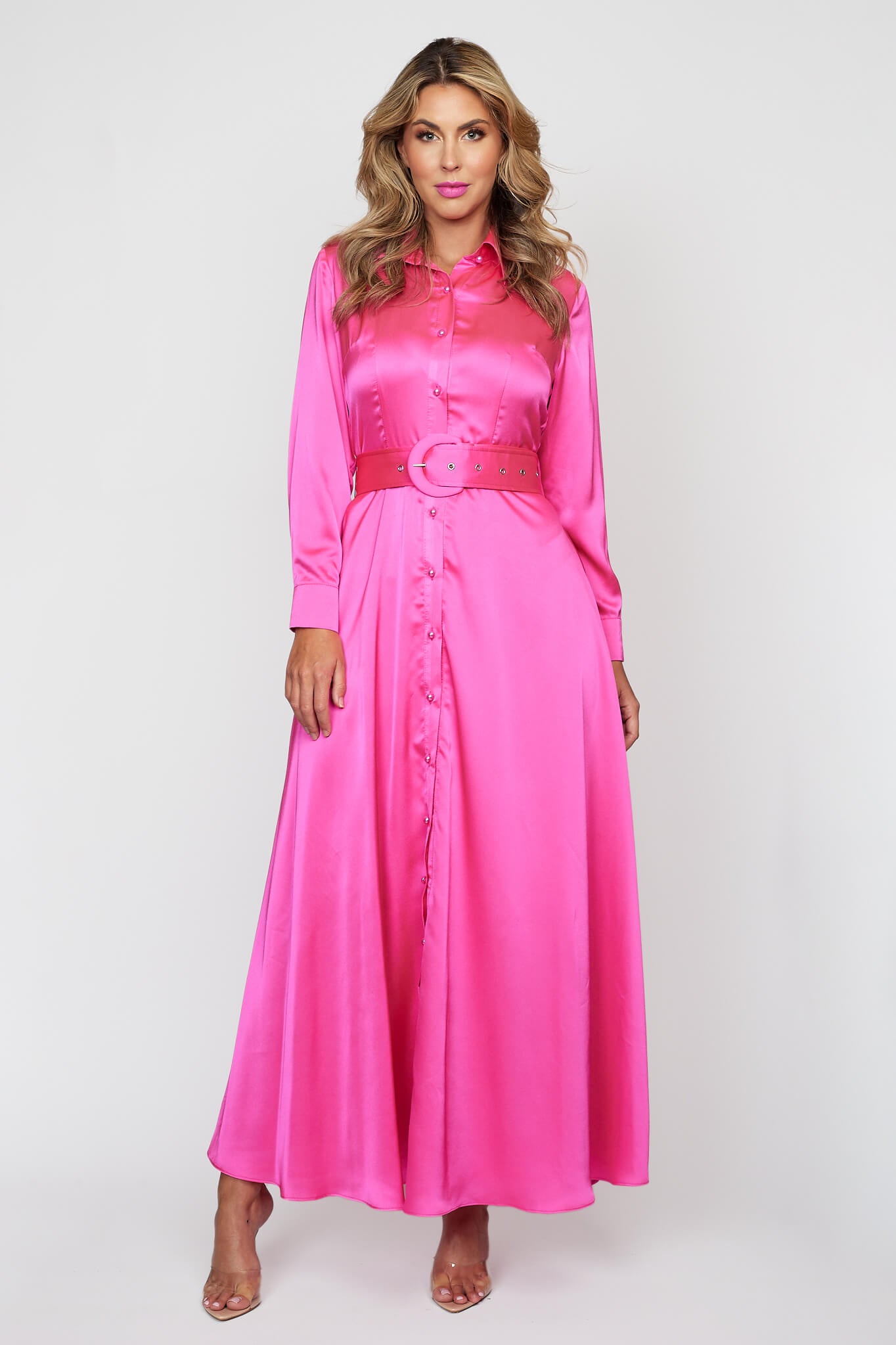 Lipstick Pink Satin Button-Thru Belted Dress