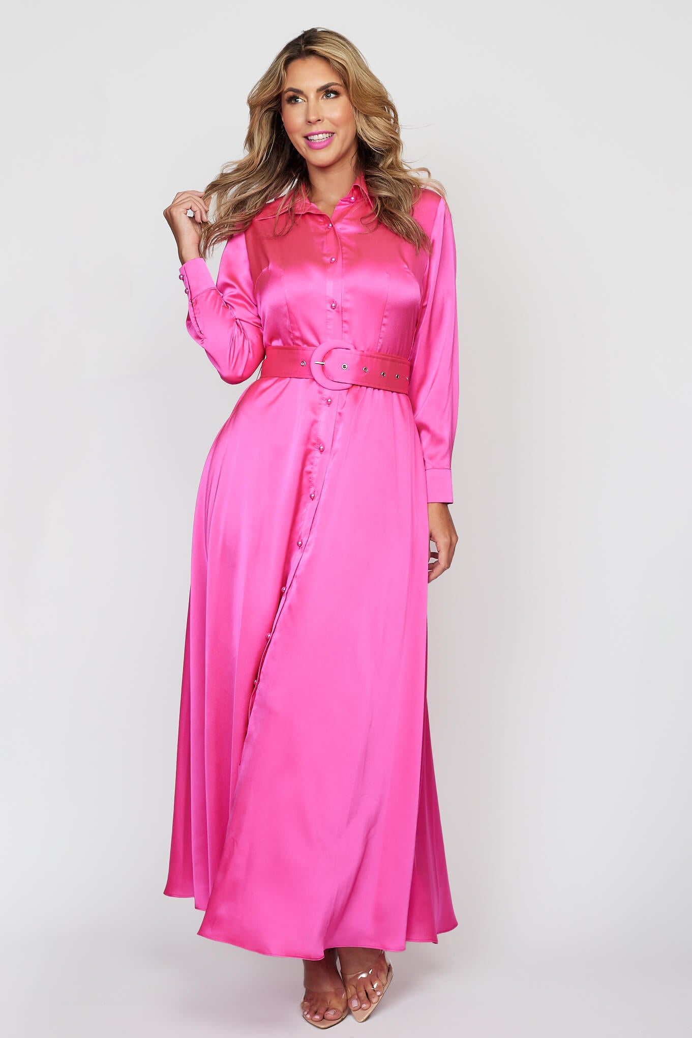 Lipstick Pink Satin Button-Thru Belted Dress