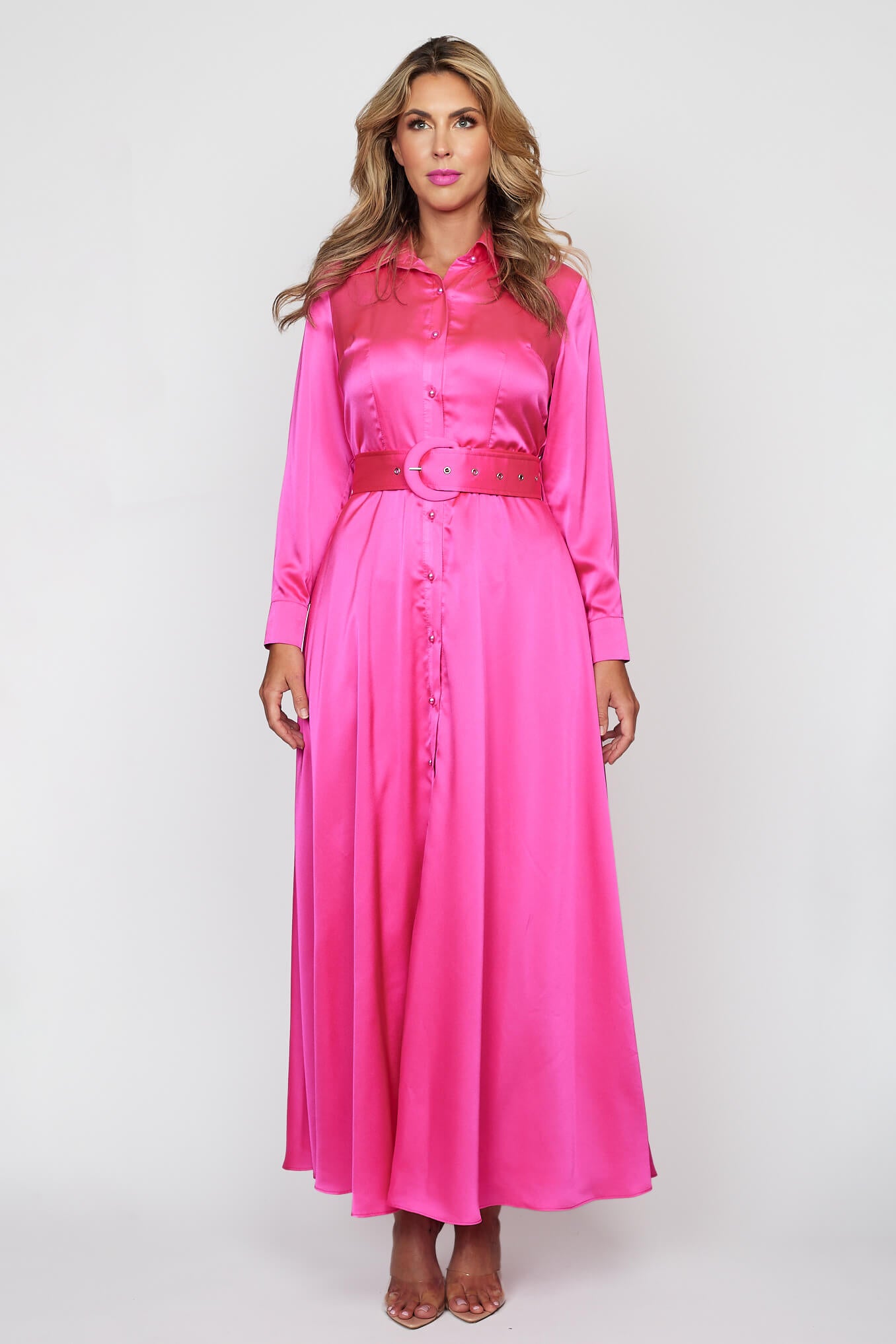 Lipstick Pink Satin Button-Thru Belted Dress
