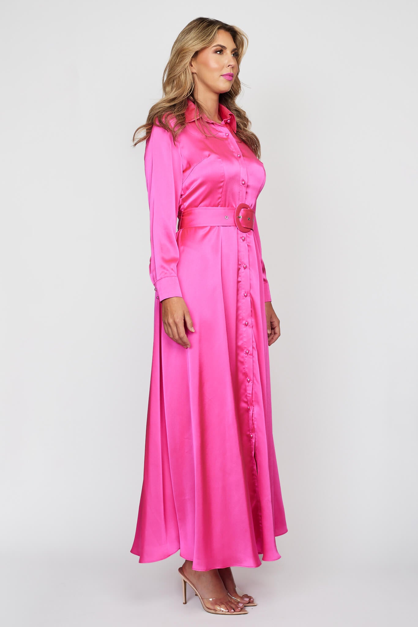 Lipstick Pink Satin Button-Thru Belted Dress