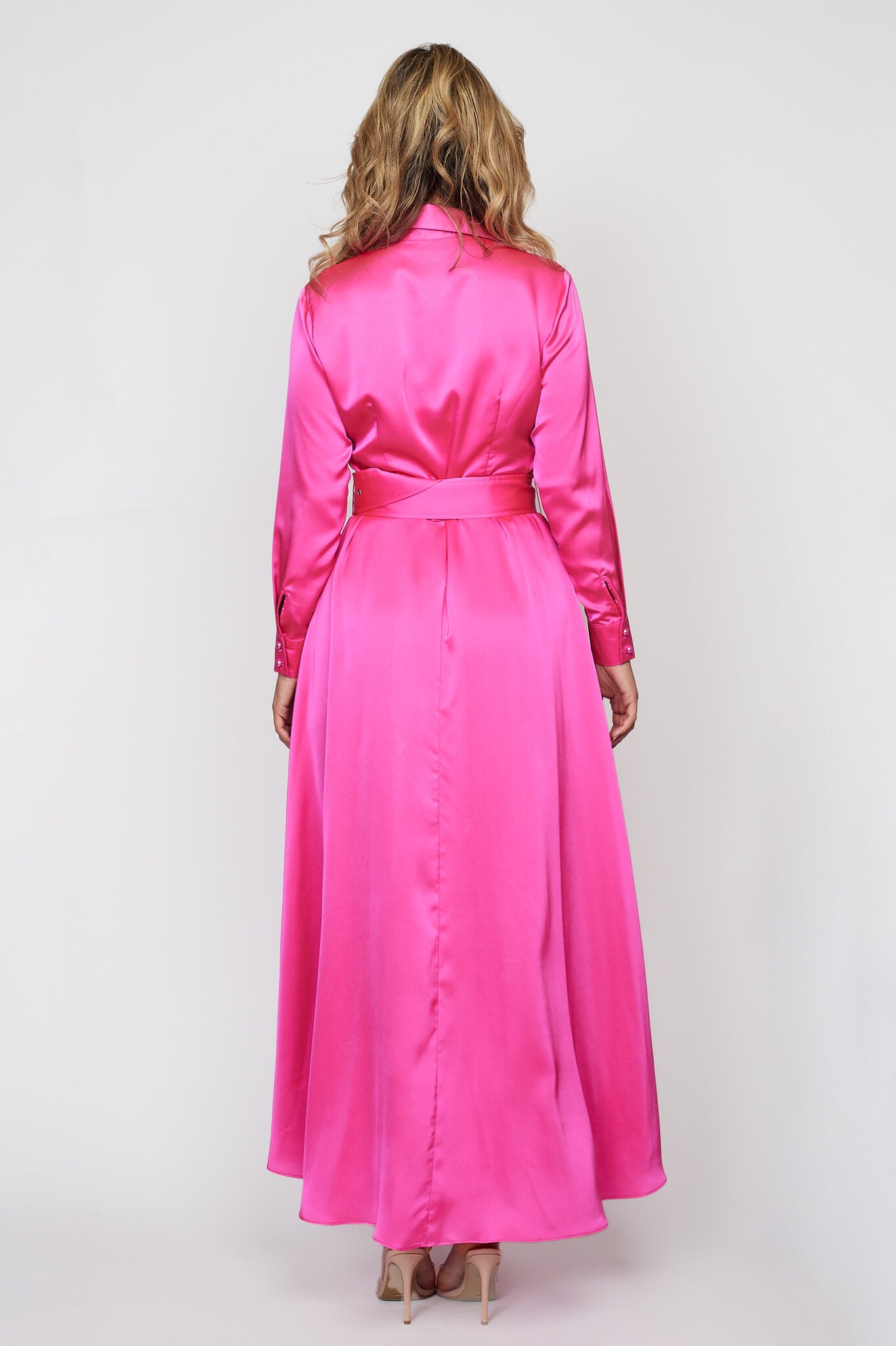Lipstick Pink Satin Button-Thru Belted Dress