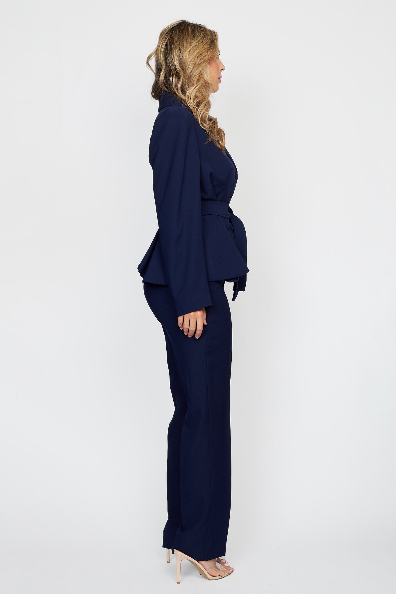 Navy Peplum Jacket with Tie Belt with Navy Classic Pant