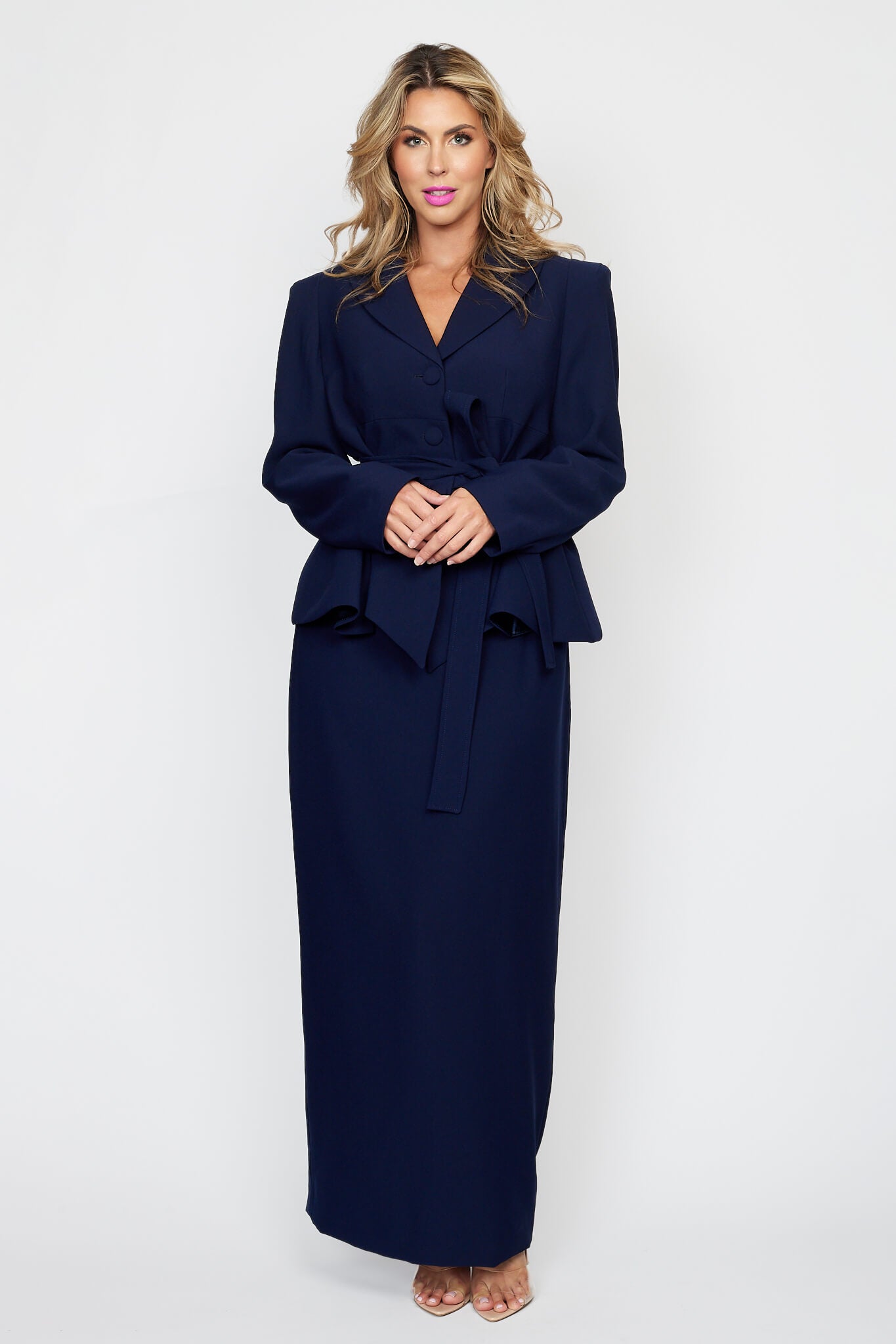 Navy Peplum Jacket with Tie Belt with Circa 80&