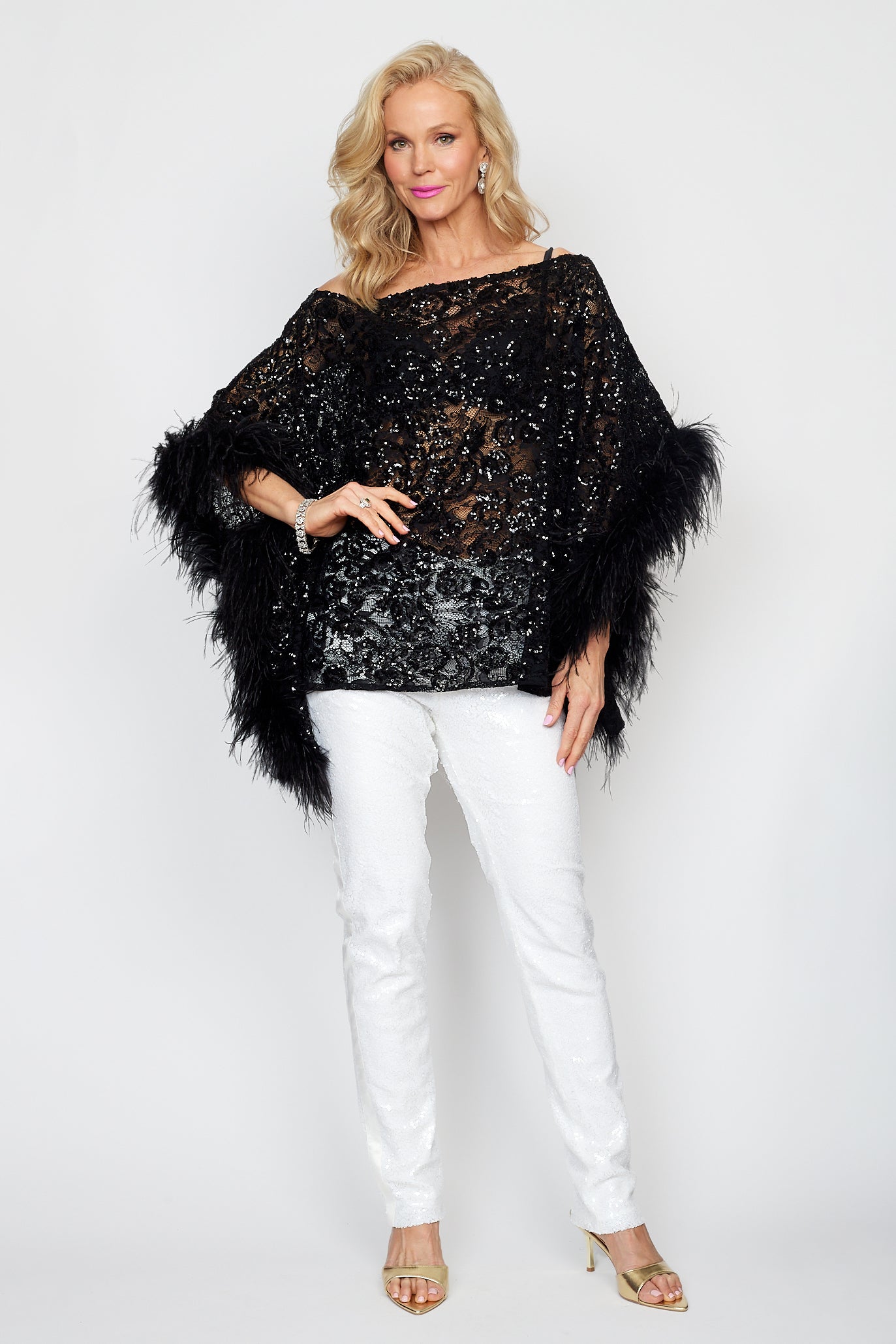 Black Sequin Lace Feather Poncho