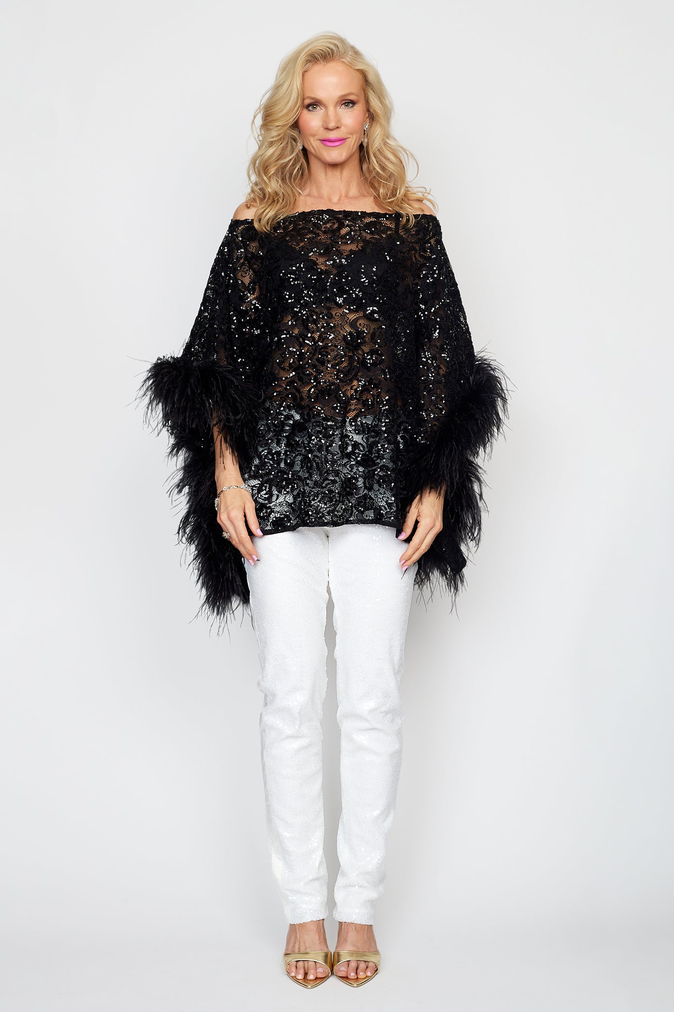 Black Sequin Lace Feather Poncho