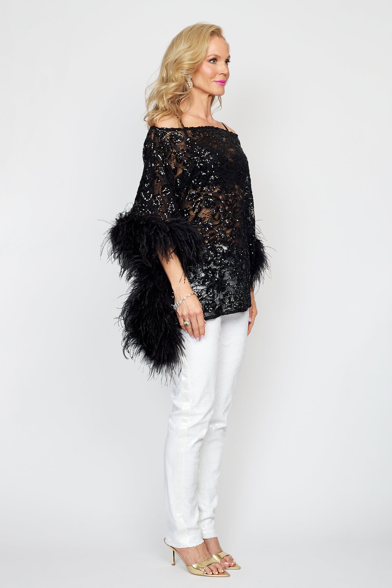 Black Sequin Lace Feather Poncho