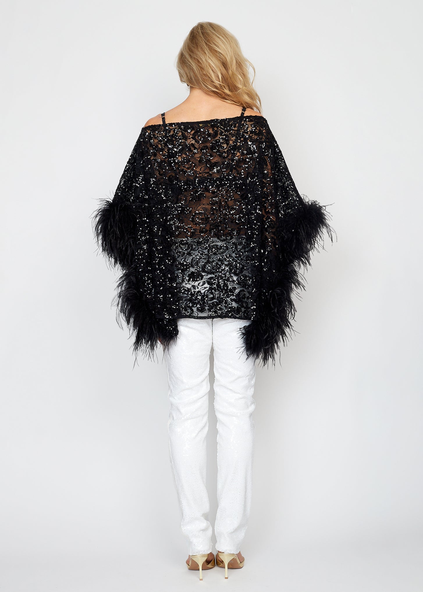 Black Sequin Lace Feather Poncho